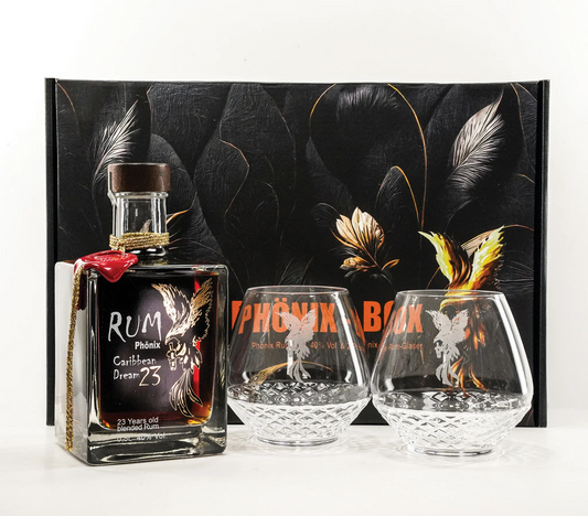 Phönix Caribbean Dream 23 – Geschenke-Box mit Rum und 2 Gläsern