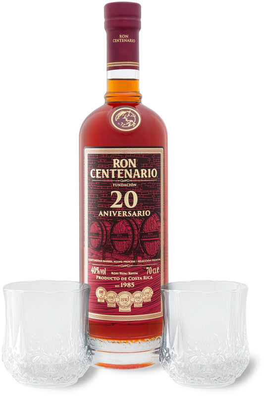 Ron Centenario Fundacion 20 Rum mit Gläsern